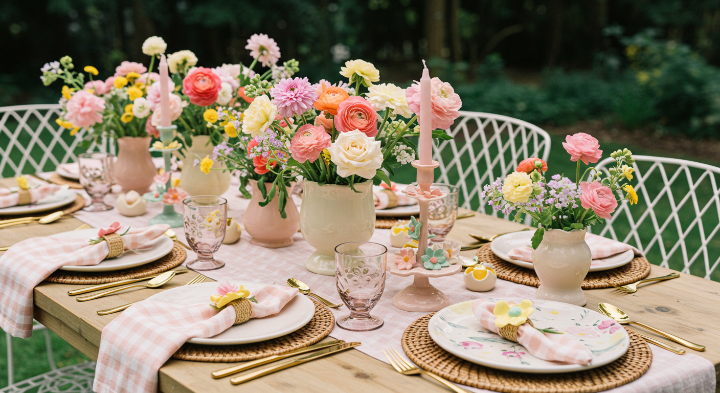 Wooden table with gingham patterns, spring flowers in ceramic vases, white iron chairs, outdoor dining tablescape for easter brunch