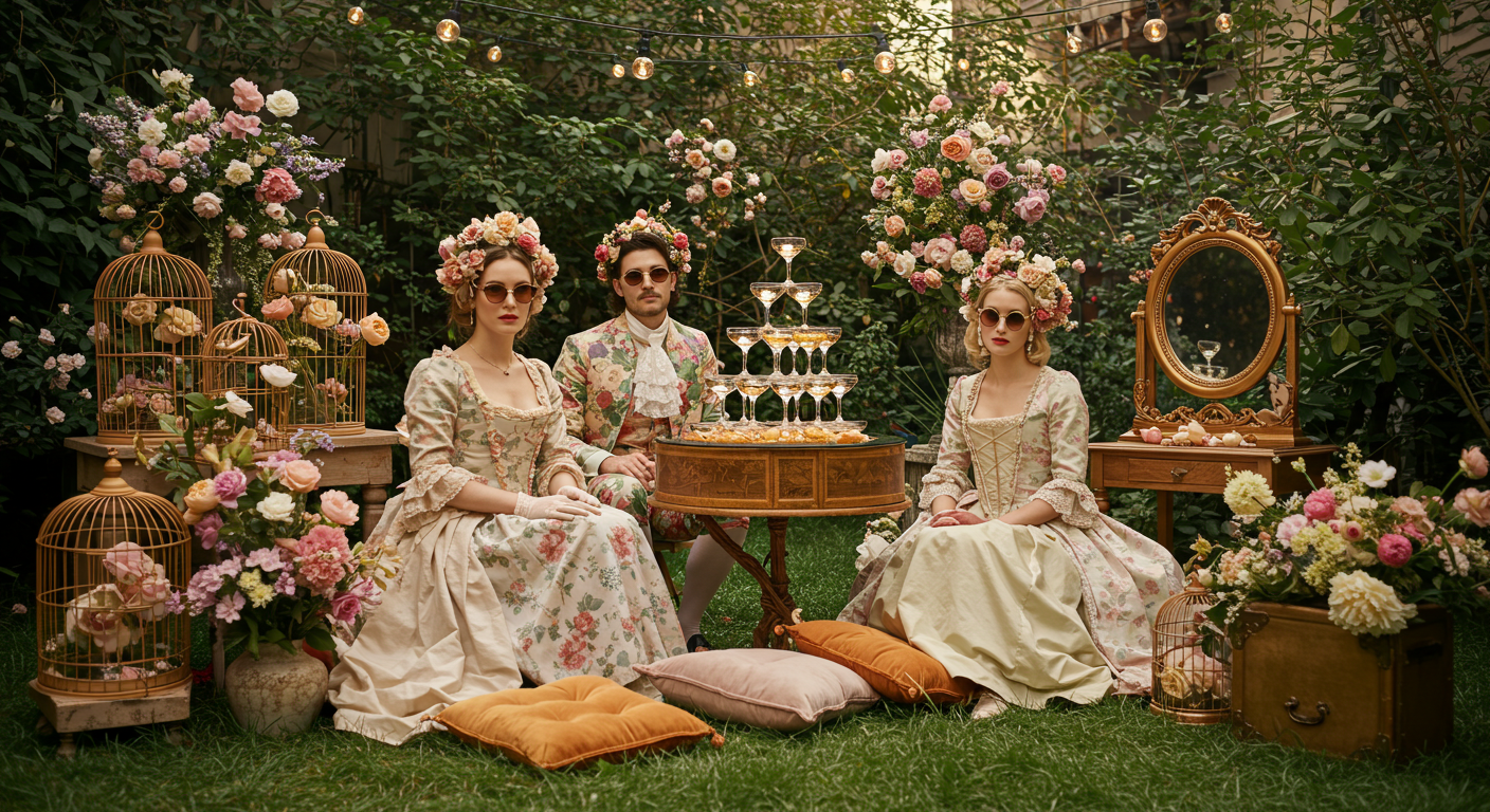 An outdoor Rococo garden party set in a lush modern courtyard or rooftop space, with string lights, flower-filled birdcages, and velvet picnic cushions. Guests wear flowing pastel dresses and tailored floral suits, accessorized with pearls, silk gloves, and vintage sunglasses. A champagne tower centerpiece reflects golden sunlight, while a DJ plays a classical-meets-house remix of 18th-century harpsichord melodies. Fresh floral ice cubes float in coupe glasses, and a chic modern selfie station with a gold-framed mirror completes the scene