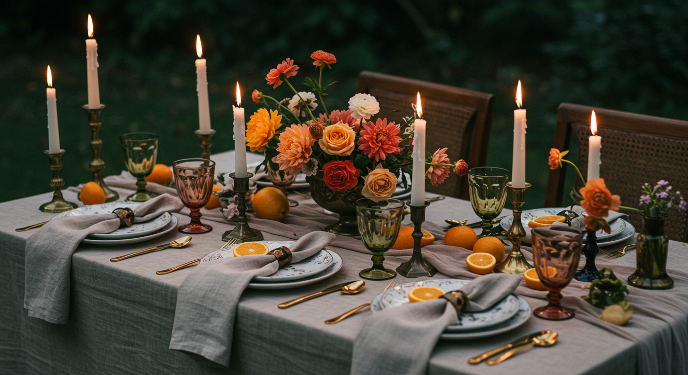 Moody tablescape with natural linen table clothe, white tapered candles in gold candle holders, orange citrus, mix match colored glass goblets,